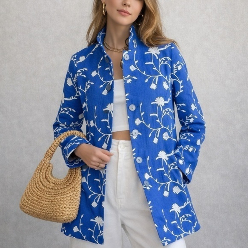 Nina Mclemore Linen Blue Floral Button Long Sleeve Middle Blazer XS (2)